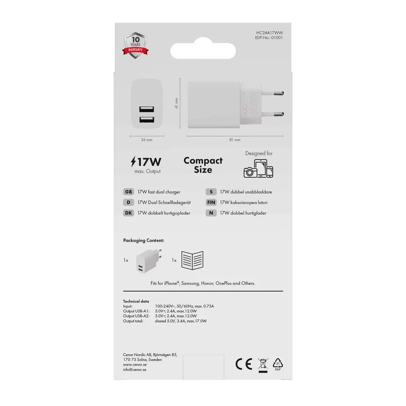 X2O 17 W:n kaksoiskotilaturi USB-A/A valkoinen - 3401001