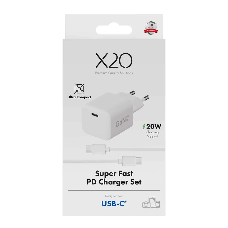 X2O 20 W kotilatauslaitepaketti USB-C 1,2 m kaapeli GaN valkoinen - 3401003