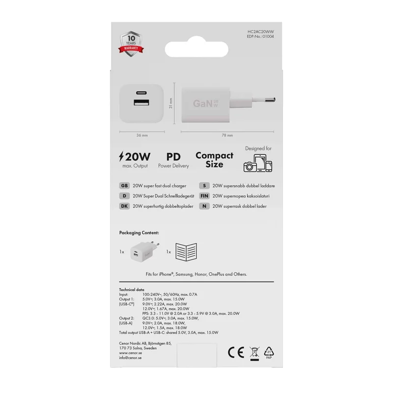 X2O 20 W kaksoiskotilaturi USB-C/A GaN valkoinen - 3401004