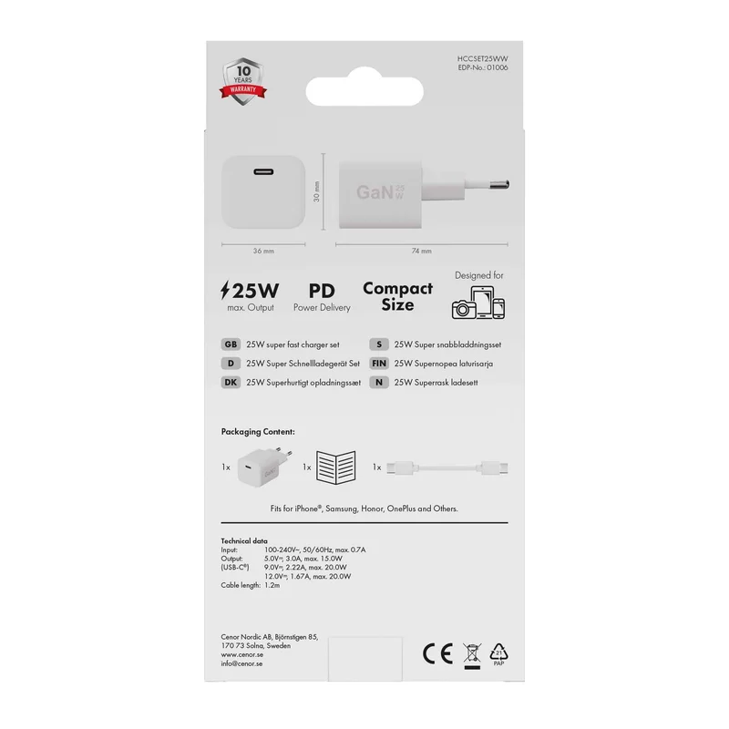 X2O 25 W:n kotilaturisarja USB-C 1,2 m:n kaapeli GaN valkoinen - 3401006