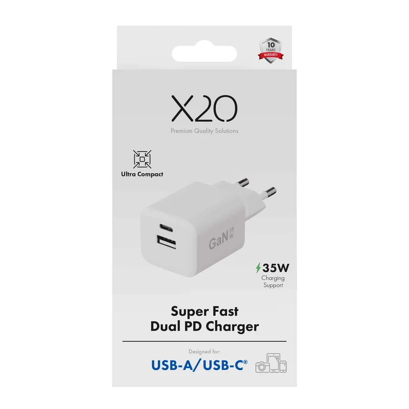 X2O 35 W kaksoiskotilaturi USB-C/A GaN valkoinen - 3401007