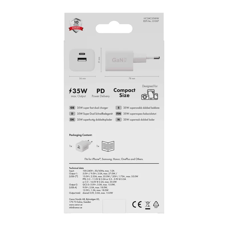 X2O 35 W kaksoiskotilaturi USB-C/A GaN valkoinen - 3401007