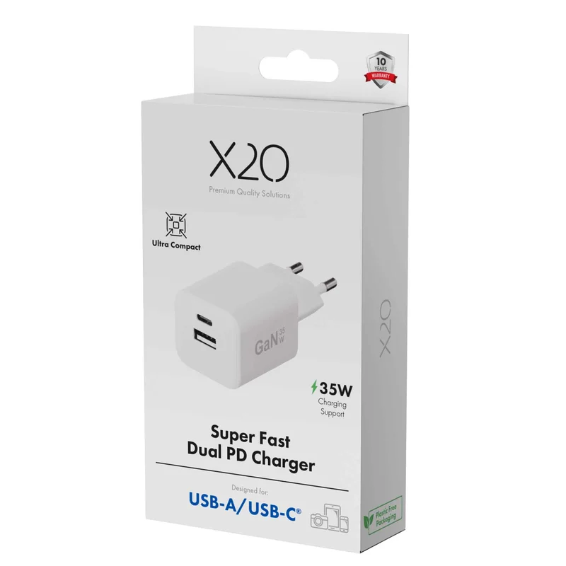 X2O 35 W kaksoiskotilaturi USB-C/A GaN valkoinen - 3401007
