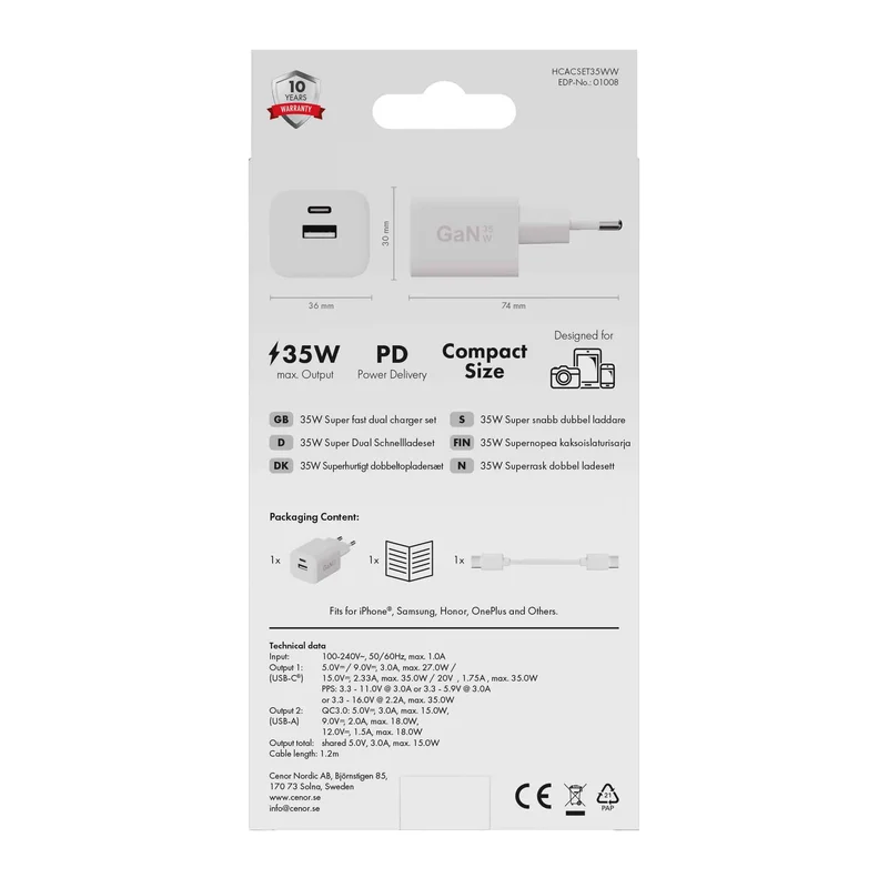 X2O 35 W:n kaksoiskotilaturisarja USB-C/A 1,2 m:n kaapeli GaN valkoinen - 3401008