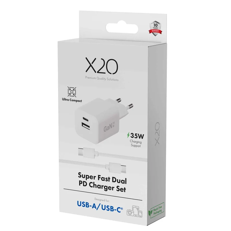 X2O 35 W:n kaksoiskotilaturisarja USB-C/A 1,2 m:n kaapeli GaN valkoinen - 3401008