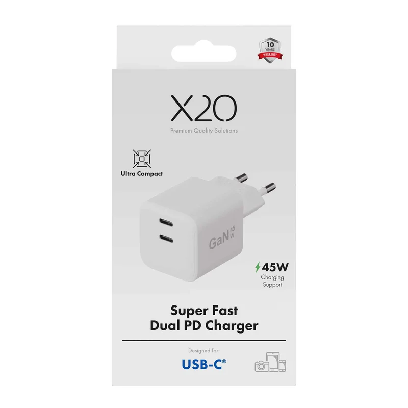 X2O 45 W kaksinkertainen kotilaturi USB-C/C GaN valkoinen - 3401009