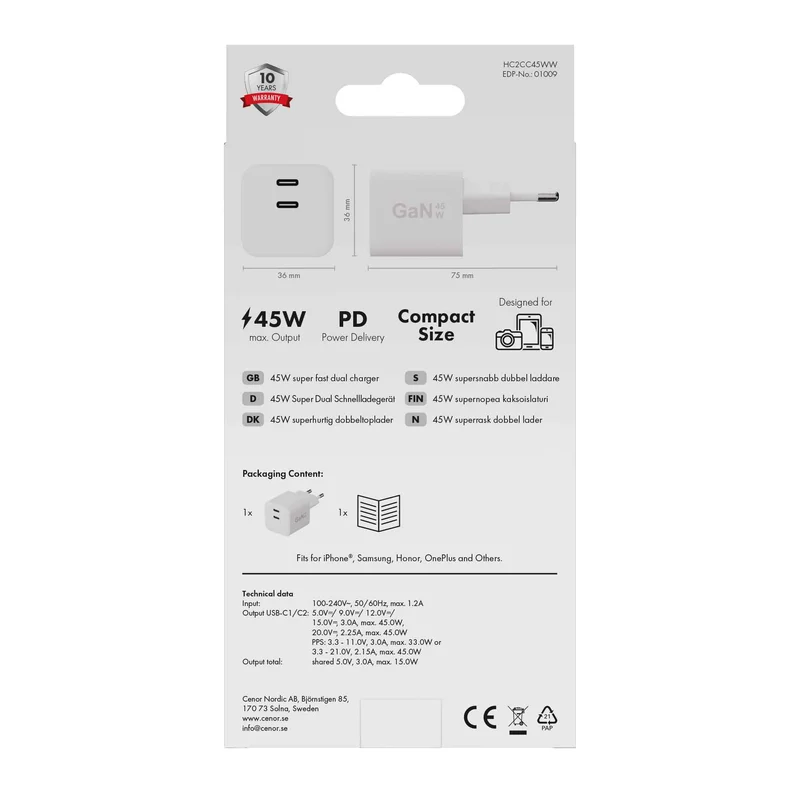 X2O 45 W kaksinkertainen kotilaturi USB-C/C GaN valkoinen - 3401009