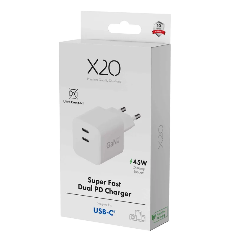 X2O 45 W kaksinkertainen kotilaturi USB-C/C GaN valkoinen - 3401009