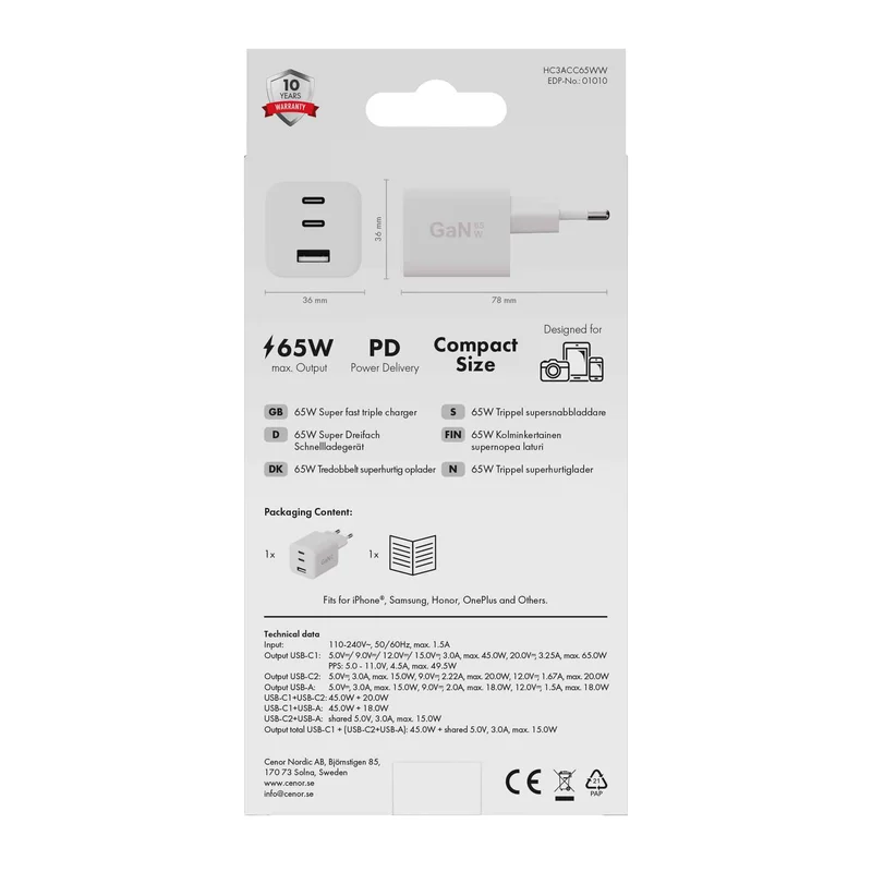 X2O 65 W kolminkertainen kotilaturi USB-C/C/A GaN valkoinen - 3401010