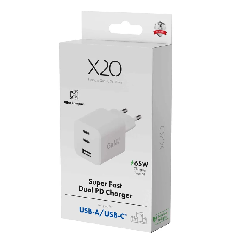 X2O 65 W kolminkertainen kotilaturi USB-C/C/A GaN valkoinen - 3401010