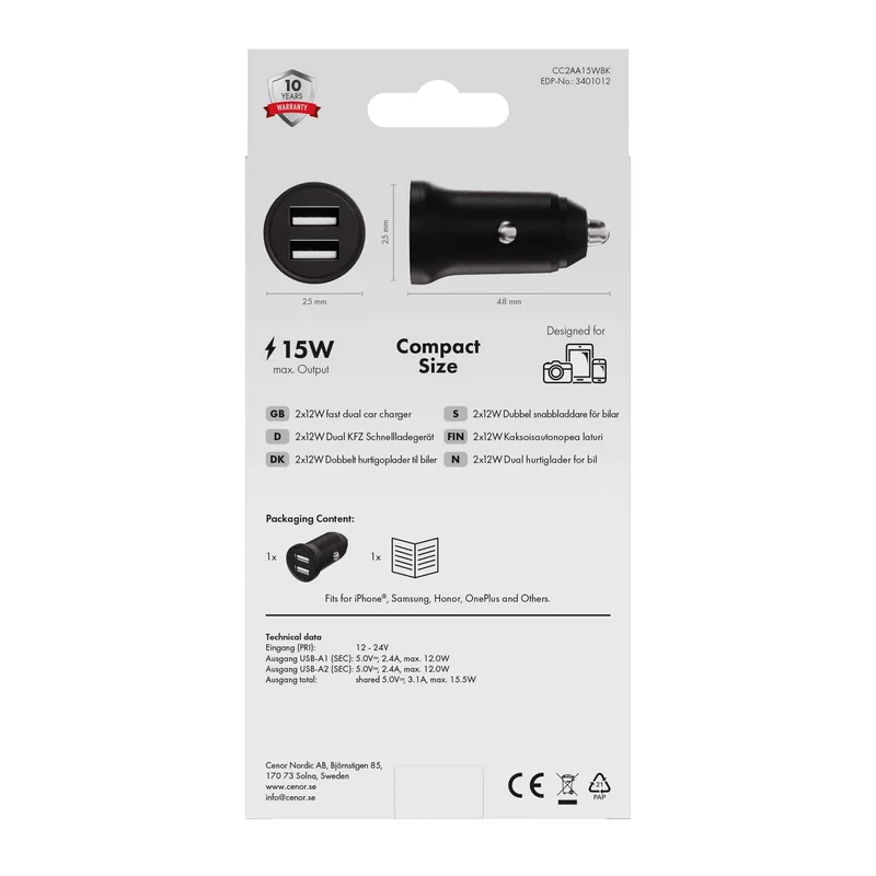 X2O 2x12 W kaksoisautolaturi USB-A/A musta - 3401012