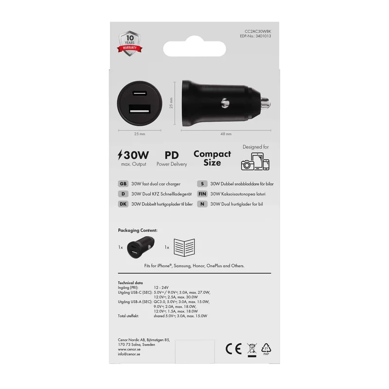 X2O 30 W kaksoisautolaturi USB-C/A musta - 3401013