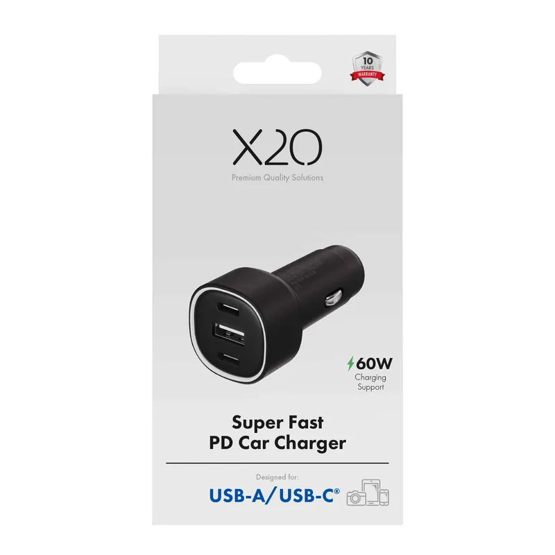 X2O 60 W kolminkertainen autolaturi USB-C/C/A musta - 3401014