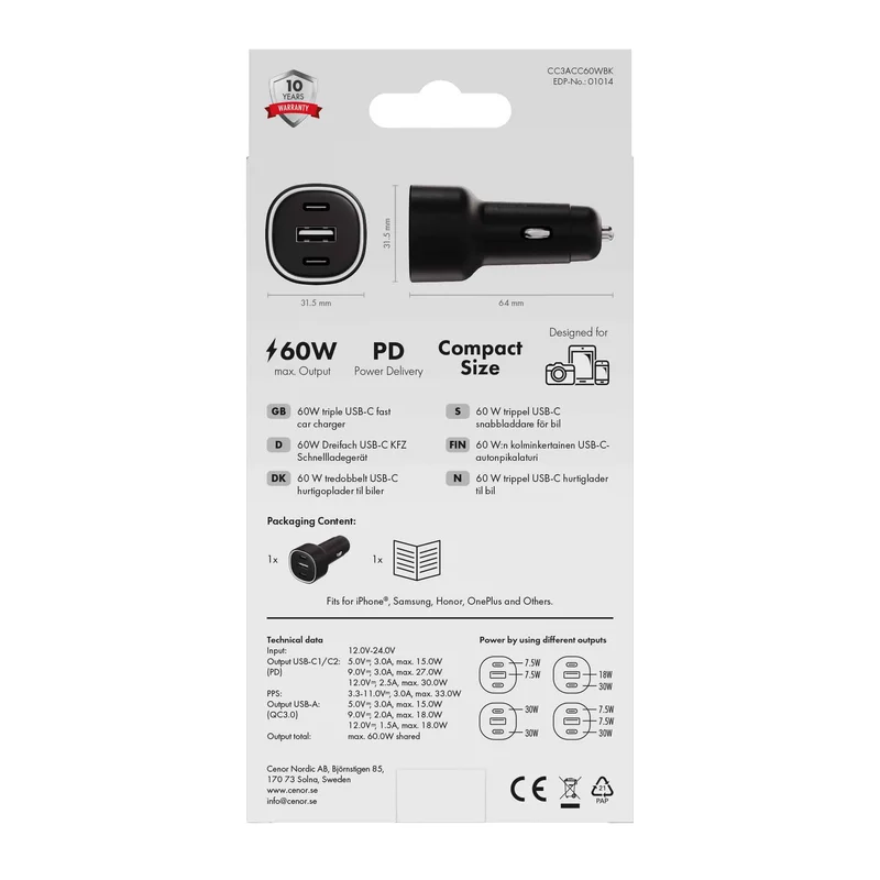 X2O 60 W kolminkertainen autolaturi USB-C/C/A musta - 3401014