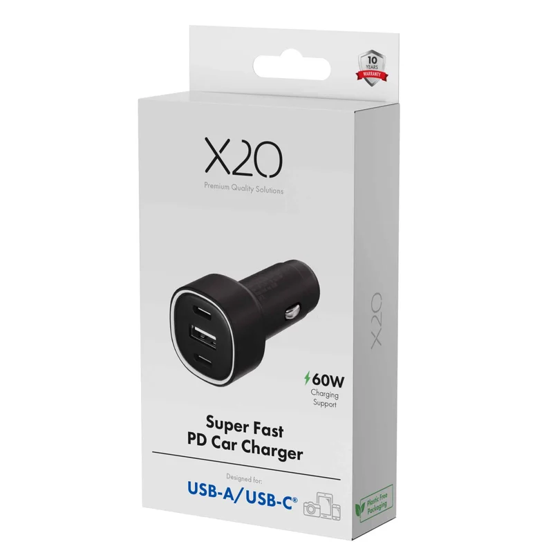 X2O 60 W kolminkertainen autolaturi USB-C/C/A musta - 3401014