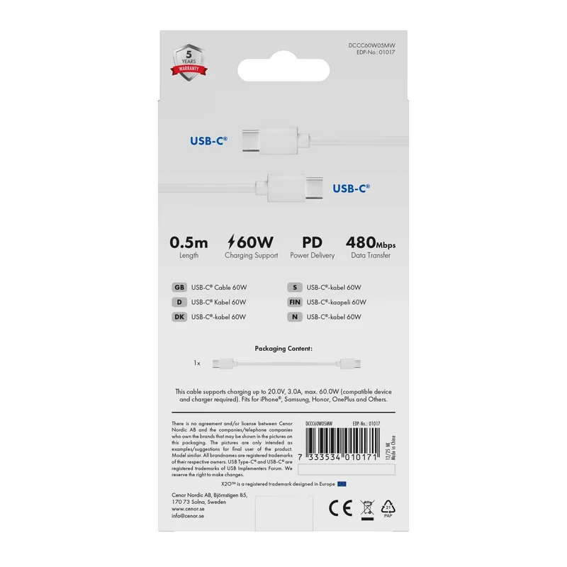 X2O Basic 60 W USB-C/C-kaapeli 0,5 m valkoinen - 3401017