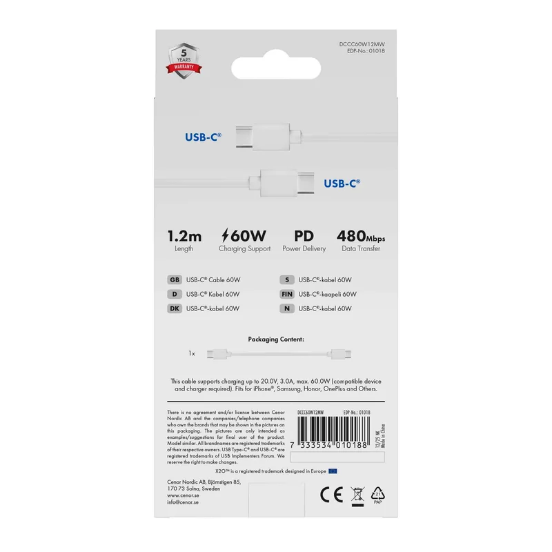 X2O Basic 60 W USB-C/C-kaapeli 1,2 m valkoinen - 3401018