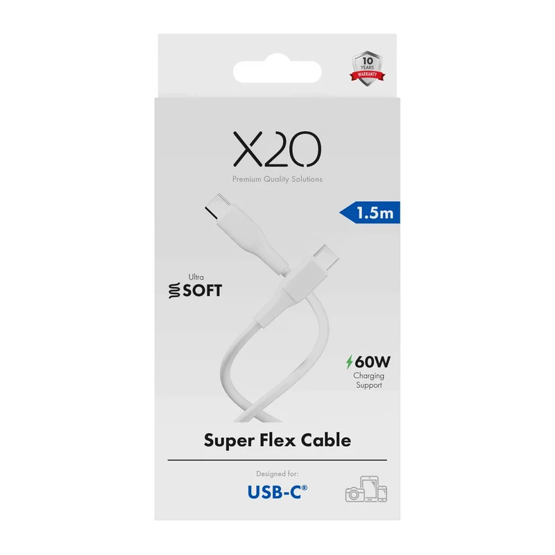 X2O SUPERFLEX 60 W USB-C/C-kaapeli 1,5 m valkoinen - 3401020