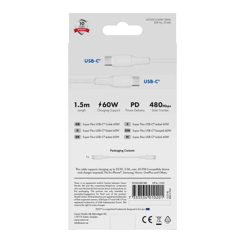 X2O SUPERFLEX 60 W USB-C/C-kaapeli 1,5 m valkoinen - 3401020