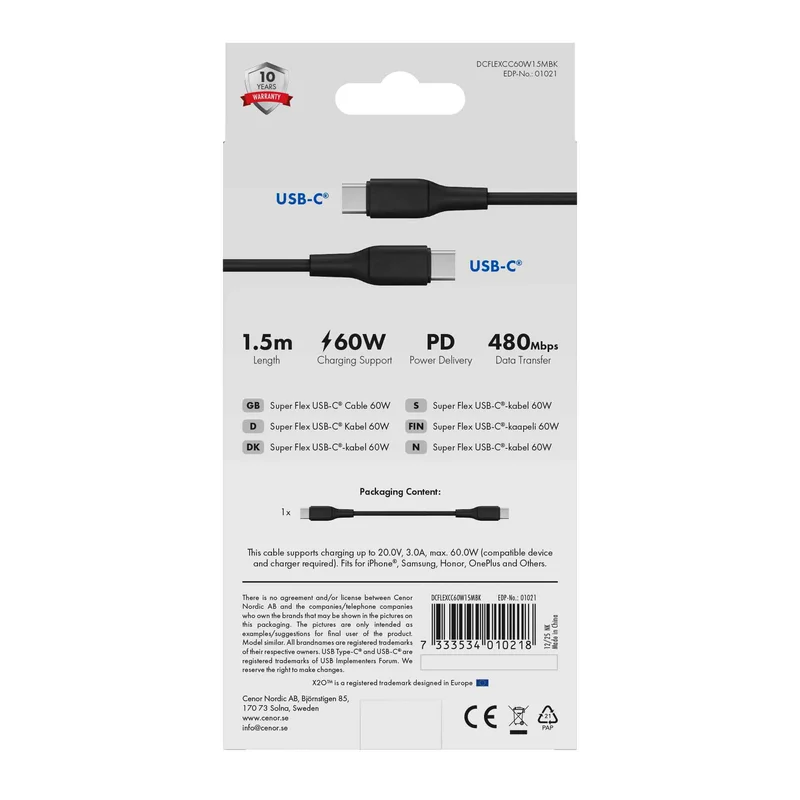 X2O SUPERFLEX 60 W USB-C/C-kaapeli 1,5 m musta - 3401021