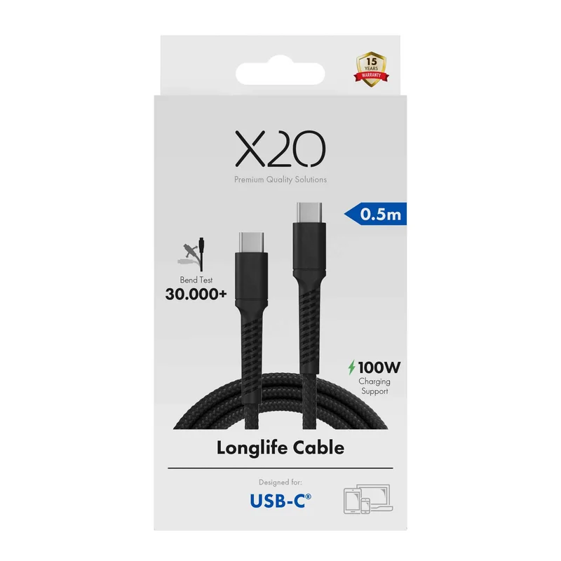 X2O Longlife 100 W USB-C/C-kaapeli 0,5 m musta - 3401025