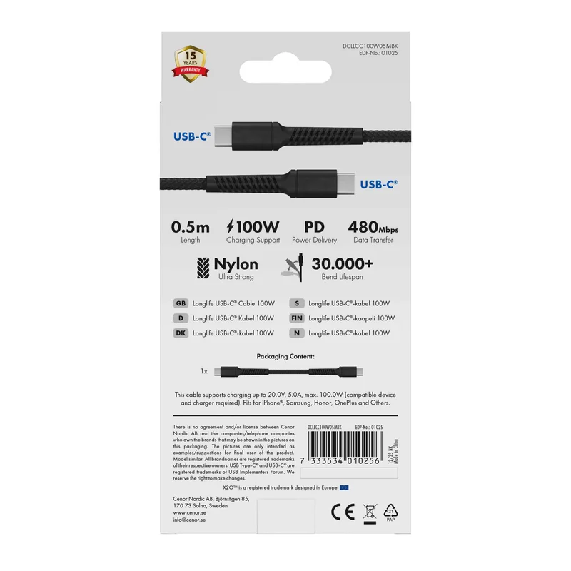 X2O Longlife 100 W USB-C/C-kaapeli 0,5 m musta - 3401025