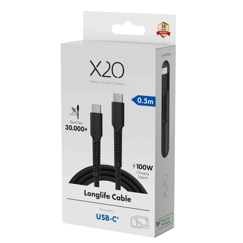 X2O Longlife 100 W USB-C/C-kaapeli 0,5 m musta - 3401025