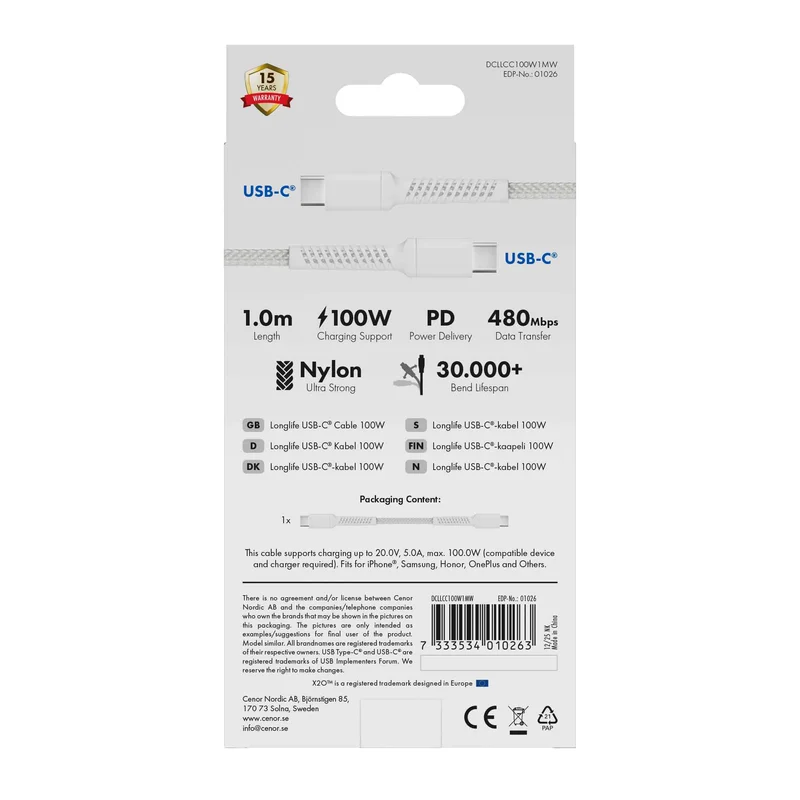 X2O Longlife 100 W USB-C/C-kaapeli 1 m valkoinen - 3401026