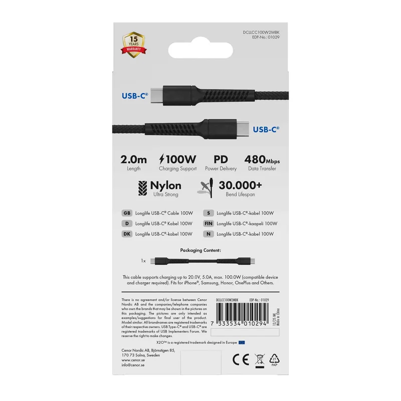 X2O Longlife 100 W USB-C/C-kaapeli 2 m musta - 3401029