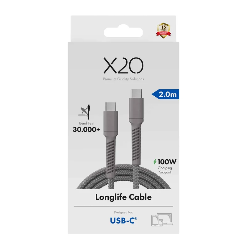 X2O Longlife 100 W USB-C/C-kaapeli 2 m titaaninharmaa - 3401030