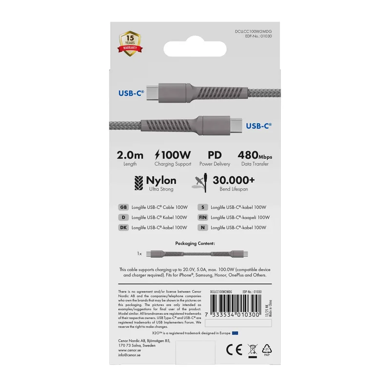 X2O Longlife 100 W USB-C/C-kaapeli 2 m titaaninharmaa - 3401030