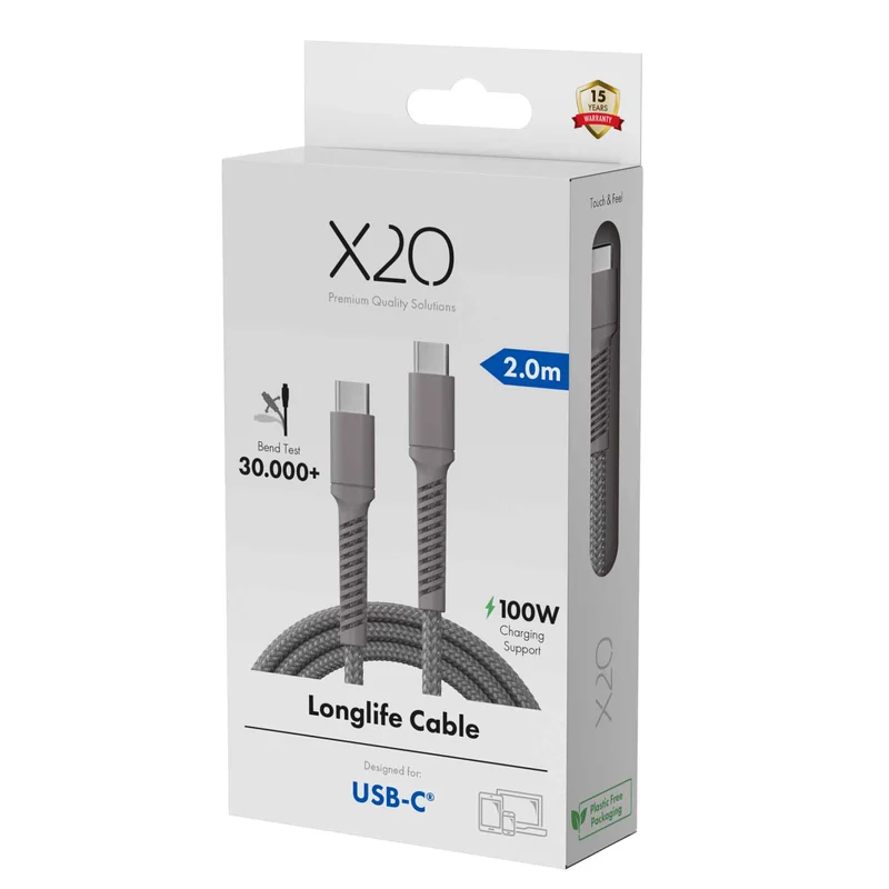 X2O Longlife 100 W USB-C/C-kaapeli 2 m titaaninharmaa - 3401030