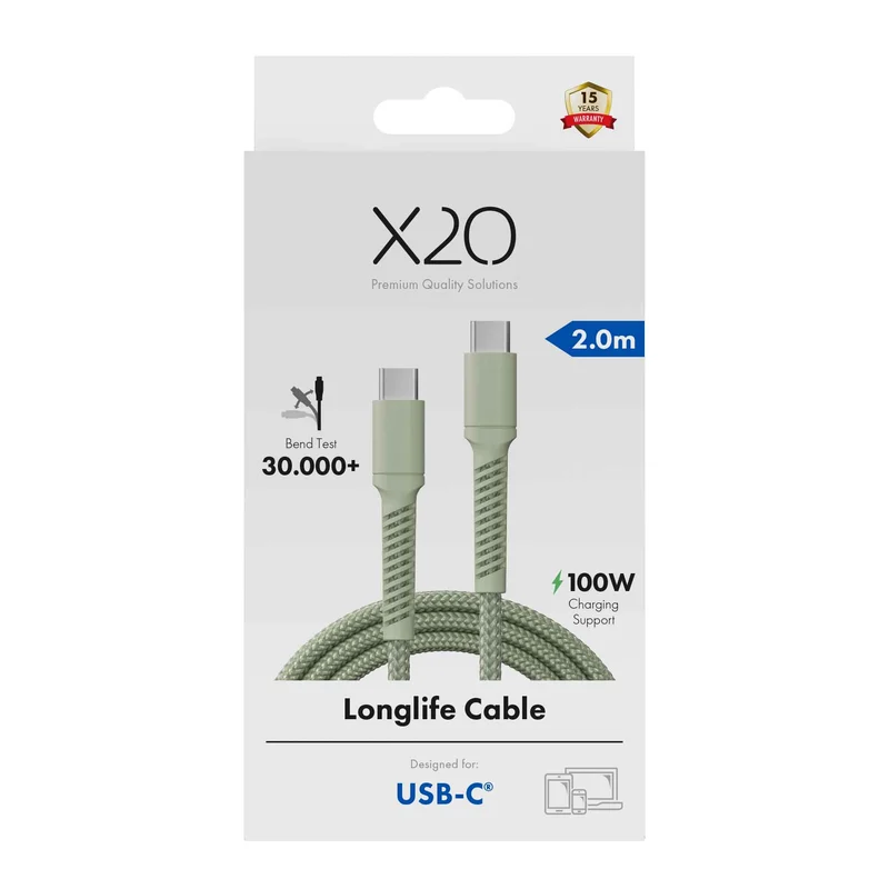 X2O Longlife 100 W USB-C/C-kaapeli 2 m salvia - 3401031