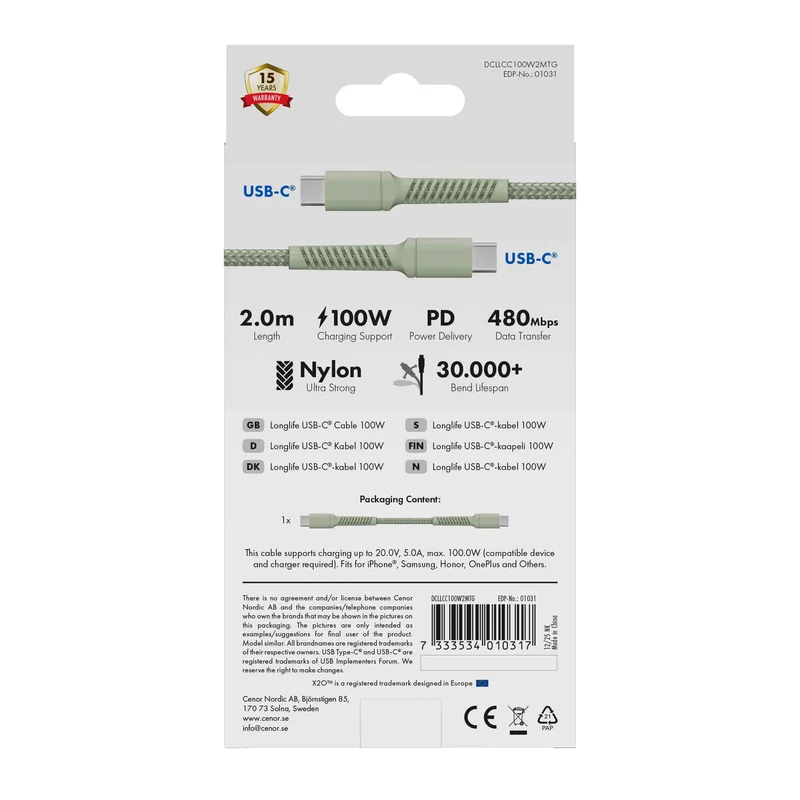 X2O Longlife 100 W USB-C/C-kaapeli 2 m salvia - 3401031