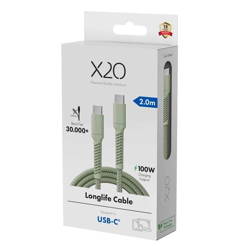 X2O Longlife 100 W USB-C/C-kaapeli 2 m salvia - 3401031