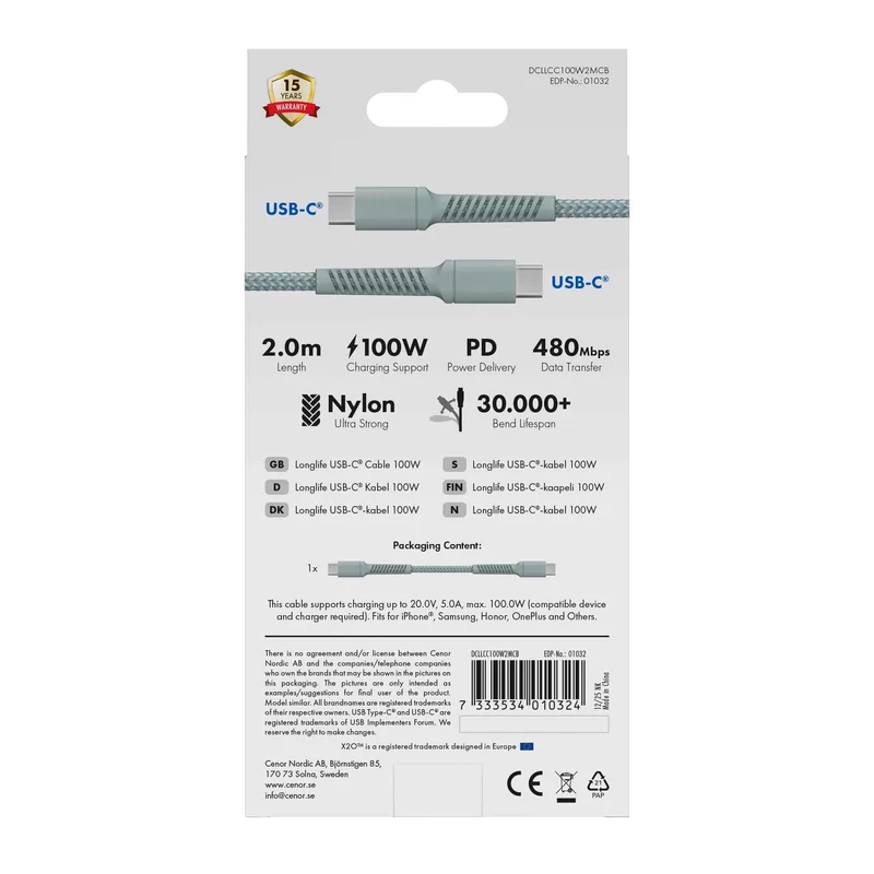 X2O Longlife 100 W USB-C/C-kaapeli 2 m pilvinen sininen - 3401032