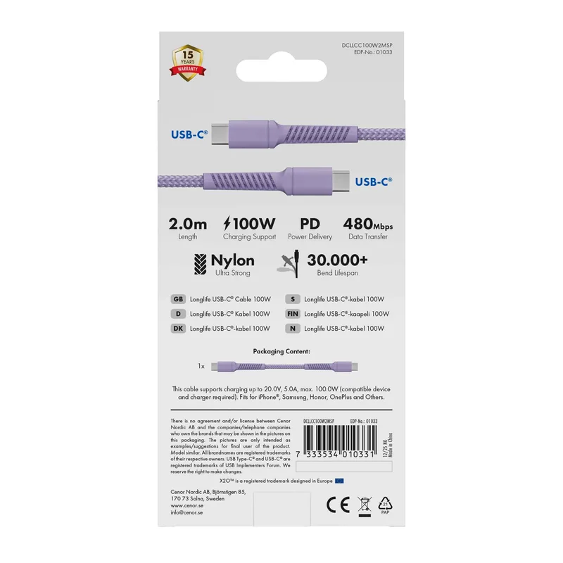 X2O Longlife 100 W USB-C/C-kaapeli 2 m laventeli - 3401033