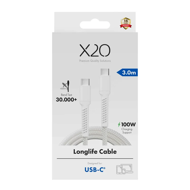 X2O Longlife 100 W USB-C/C-kaapeli 3 m valkoinen - 3401034