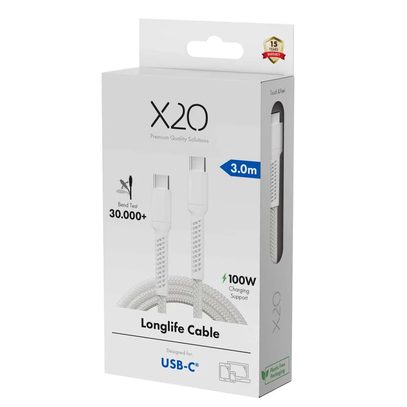 X2O Longlife 100 W USB-C/C-kaapeli 3 m valkoinen - 3401034