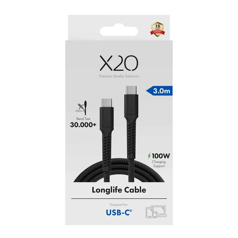 X2O Longlife 100 W USB-C/C-kaapeli 3 m musta - 3401035