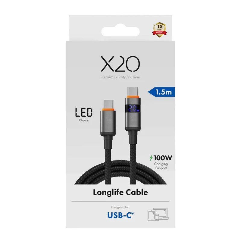 X2O Longlife LED-näyttö 100 W USB-C/C-kaapeli 1,5 m musta - 3401036