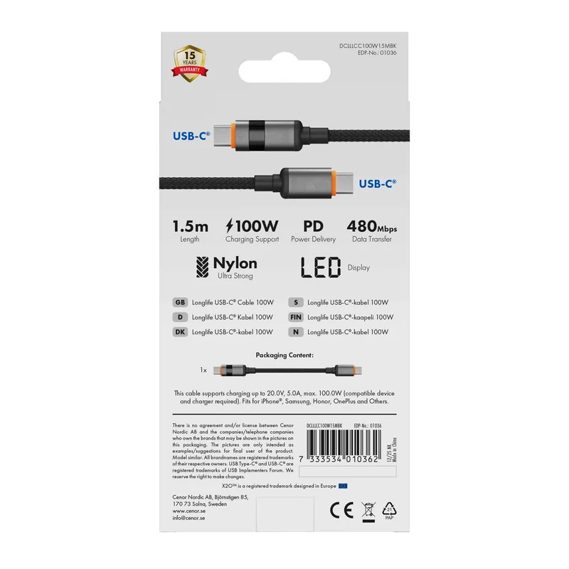 X2O Longlife LED-näyttö 100 W USB-C/C-kaapeli 1,5 m musta - 3401036