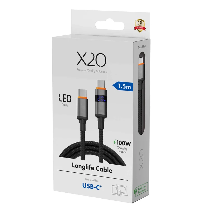 X2O Longlife LED-näyttö 100 W USB-C/C-kaapeli 1,5 m musta - 3401036