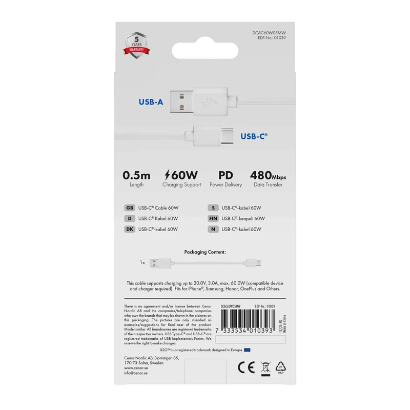 X2O Basic USB-A/C 60 W -kaapeli 0,5 m valkoinen - 3401039