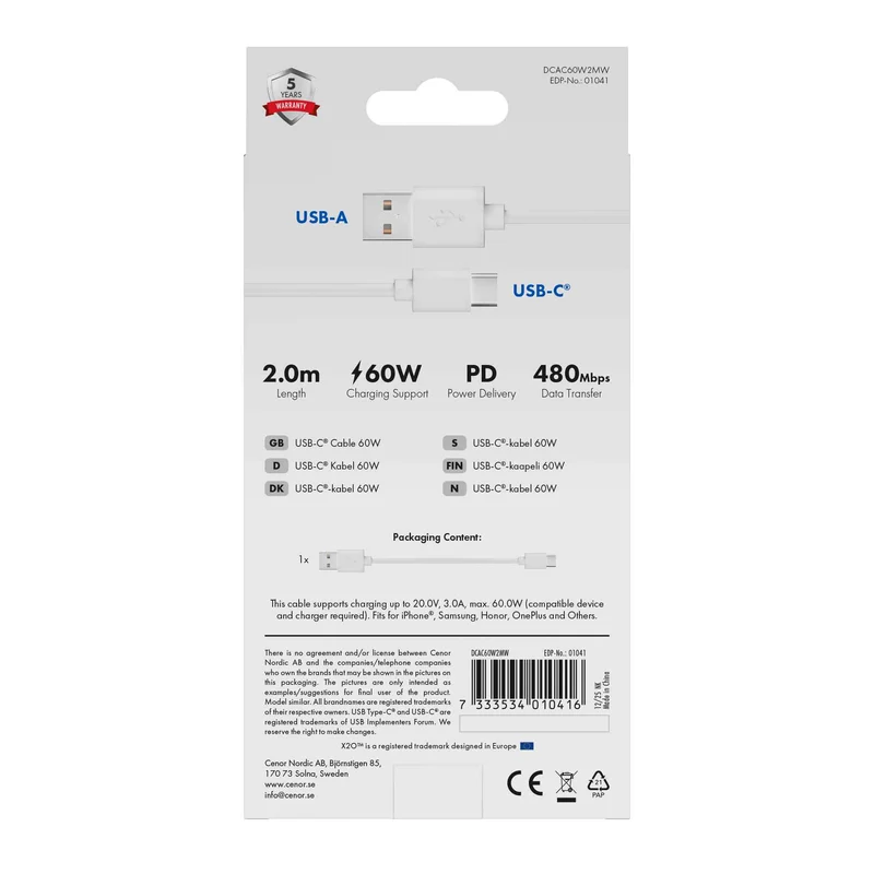 X2O Basic USB-A/C 60 W -kaapeli 2 m valkoinen - 3401041