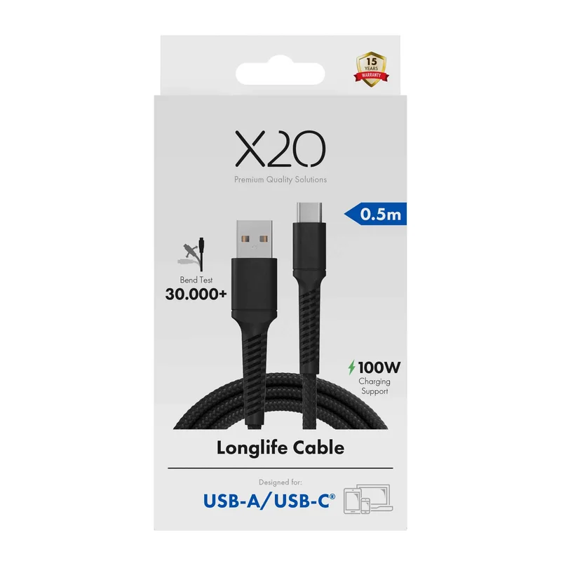 X2O Longlife 60 W USB-A/C-kaapeli 0,5 m musta - 3401043