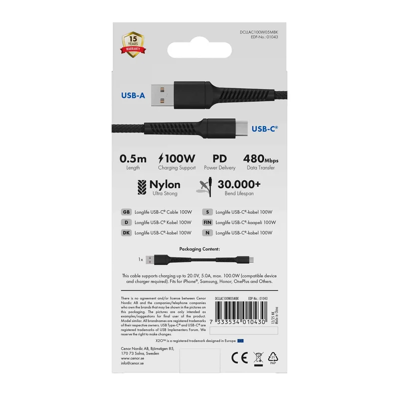 X2O Longlife 60 W USB-A/C-kaapeli 0,5 m musta - 3401043