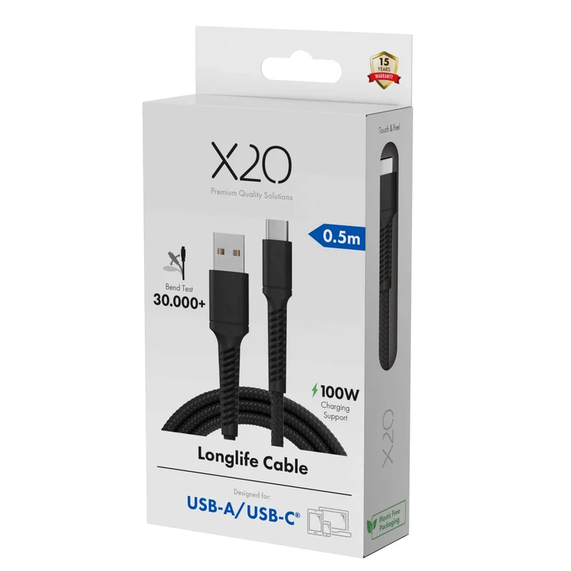 X2O Longlife 60 W USB-A/C-kaapeli 0,5 m musta - 3401043