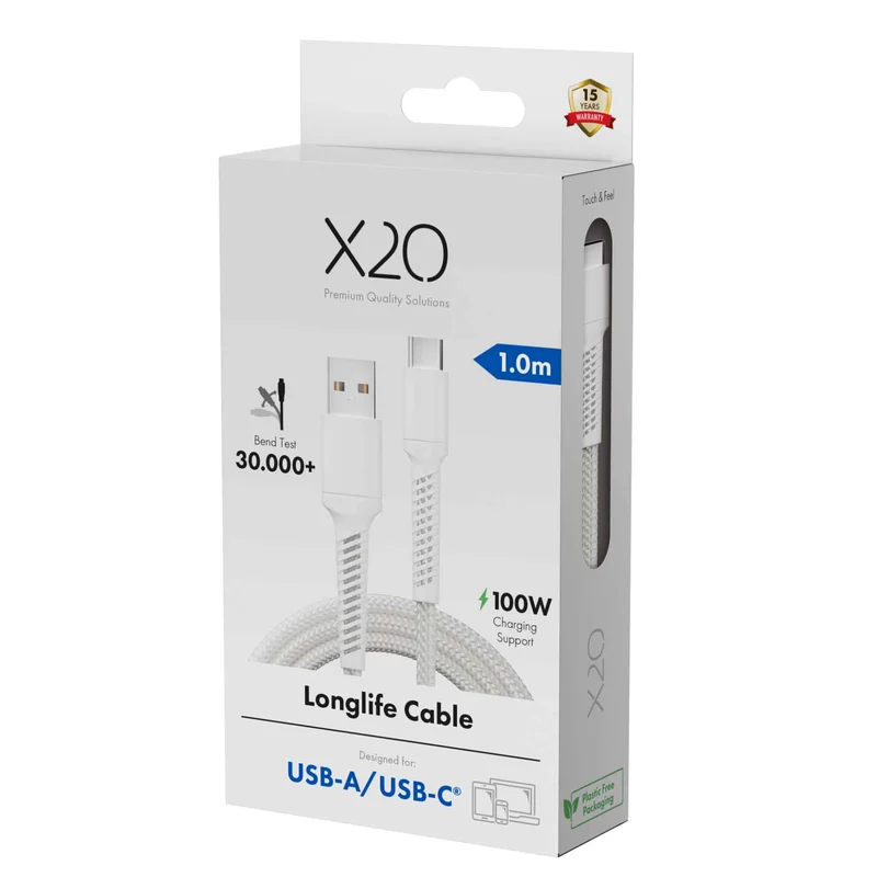 X2O Longlife 60 W USB-A/C-kaapeli 1 m valkoinen - 3401044