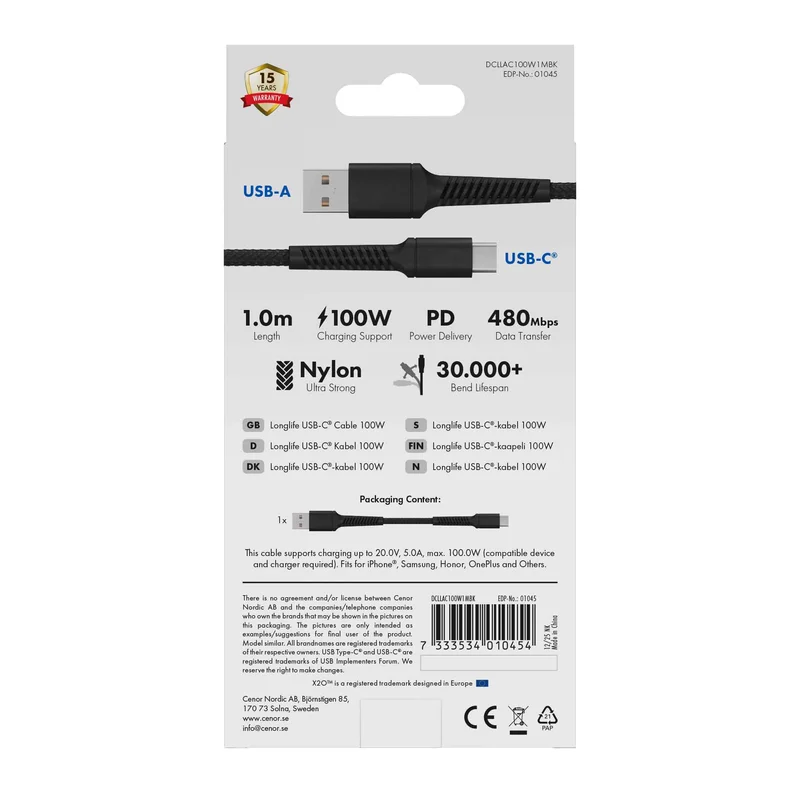 X2O Longlife 60 W USB-A/C-kaapeli 1 m musta - 3401045